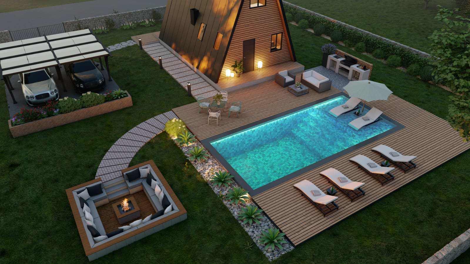 Aerial view of pool deck, fire pit and carport at dusk - drone-style 3D render by Architech Cyprus