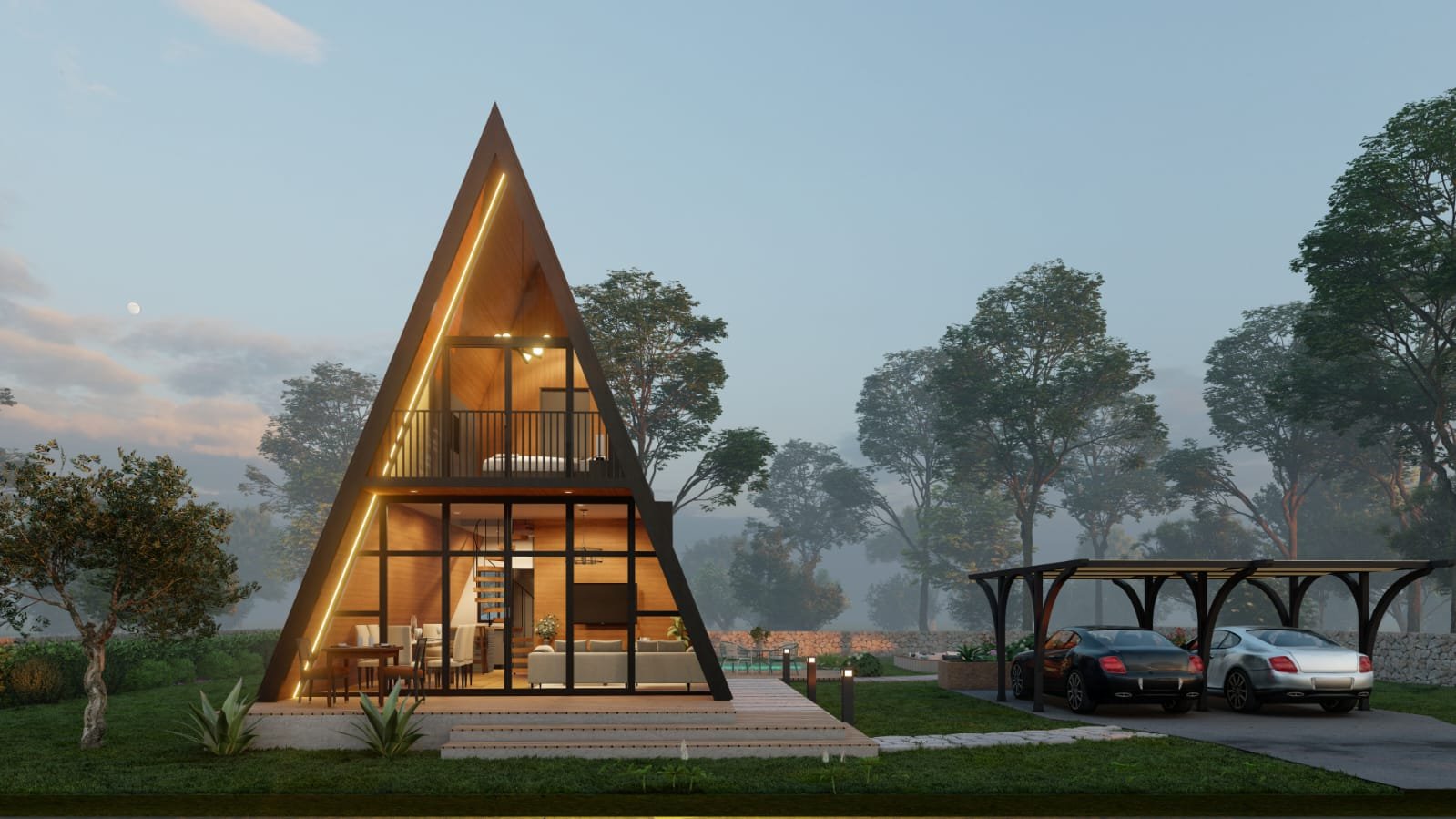 A-frame cabin with fully glazed front facade at dusk - photorealistic 3D render by Architech Cyprus