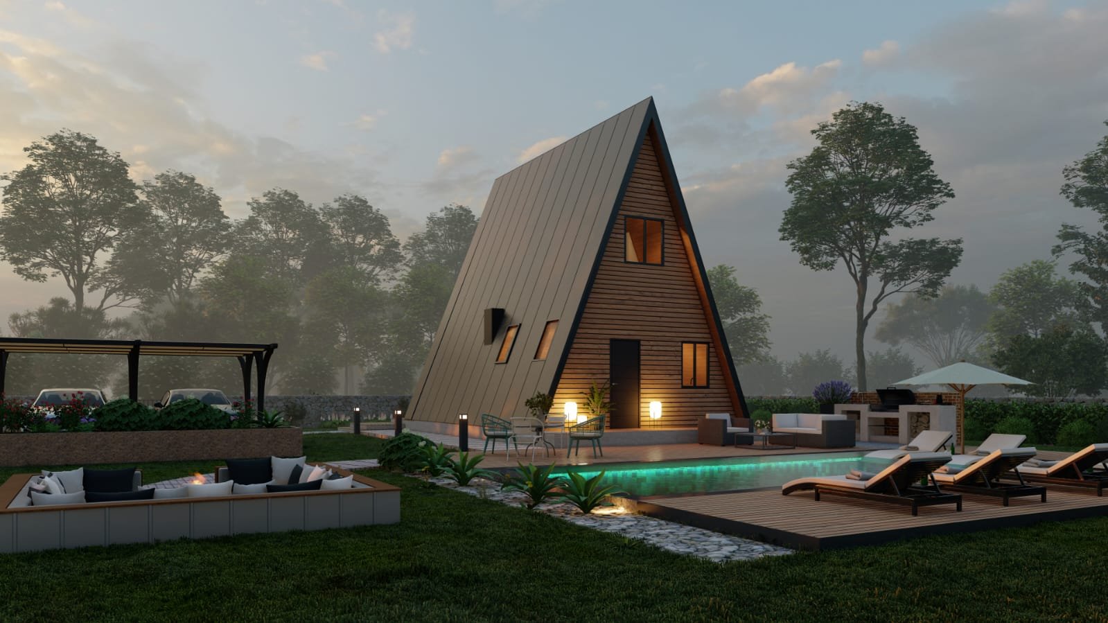 A-frame cabin garden with sunken fire pit lounge at dusk - 3D render by Architech Cyprus
