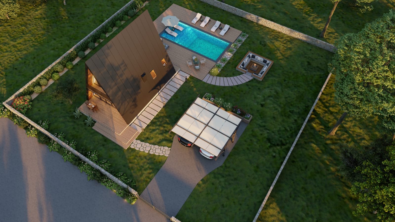 Top-down aerial site plan view of plot with pool and carport - 3D render by Architech Cyprus