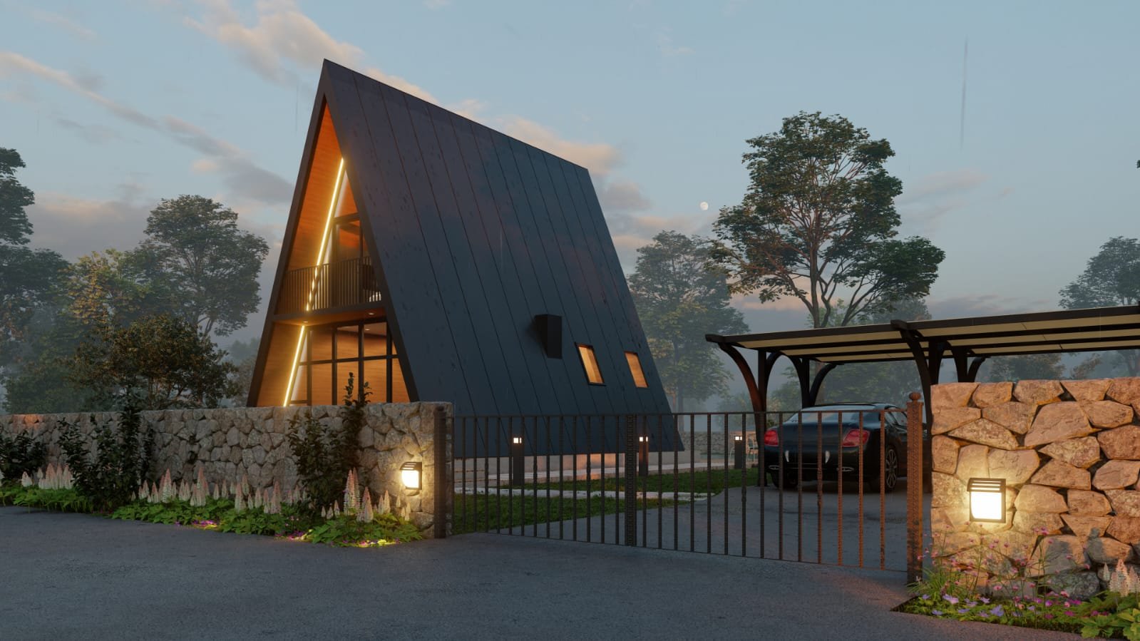 A-frame cabin behind stone wall and gate at dusk, street view - 3D render by Architech Cyprus