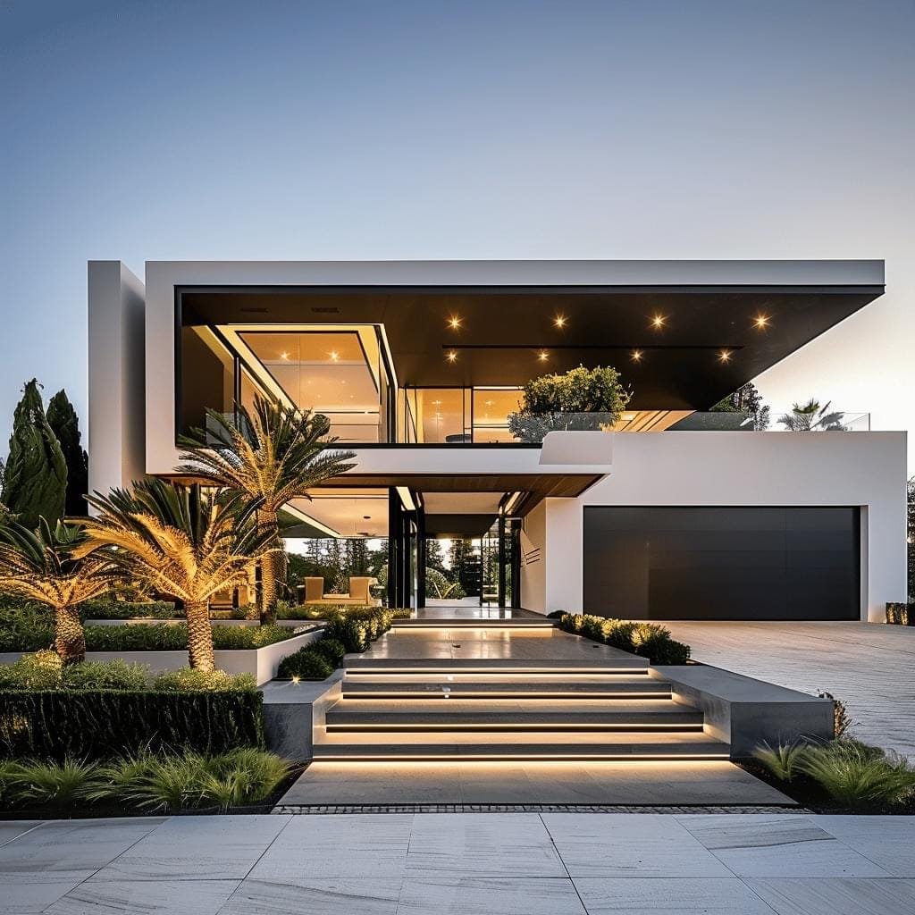 Modern villa entrance with lit steps and palm trees at dusk - 3D render by Architech Cyprus