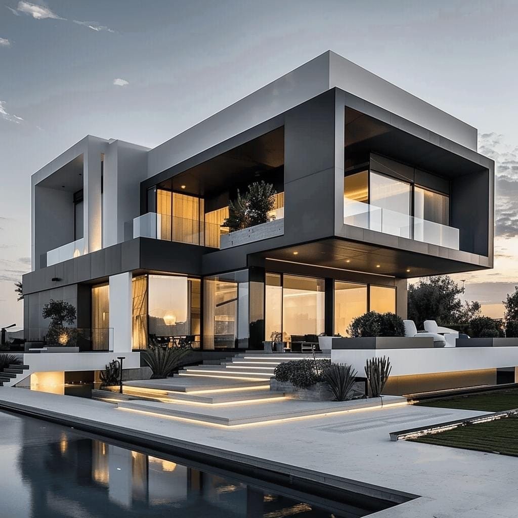 White cubic modern villa with pool reflection at dusk - 3D render by Architech Cyprus