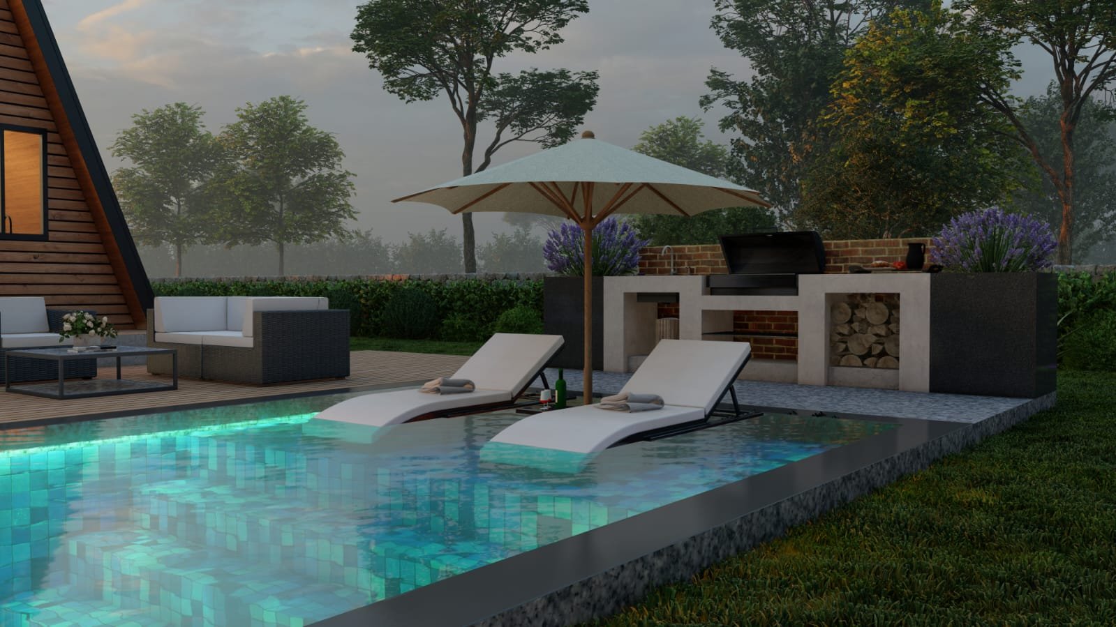 Photorealistic 3D render by Architech Cyprus — A-frame cabin pool lounge with outdoor kitchen