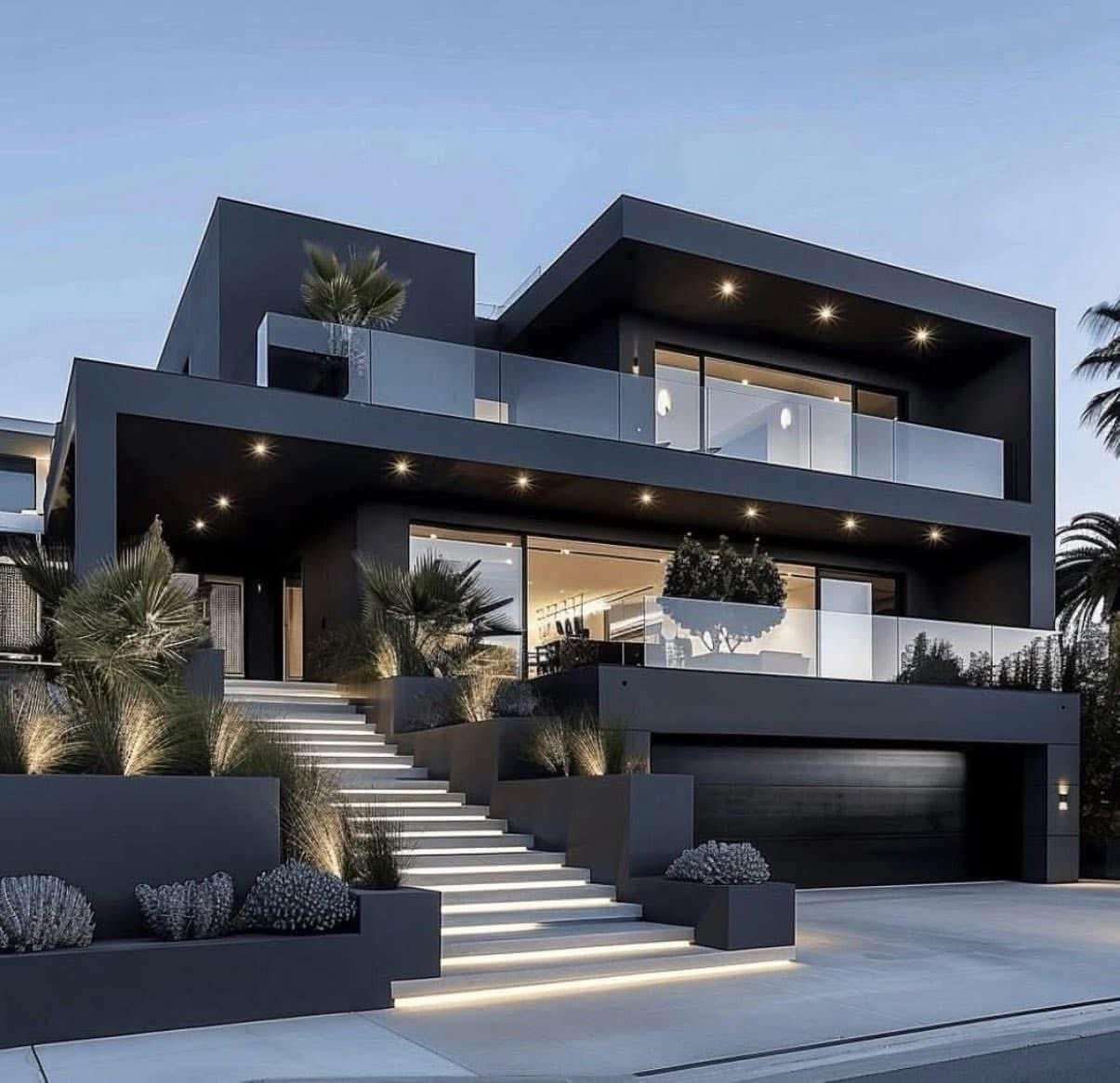 Photorealistic 3D render by Architech Cyprus — charcoal modern villa with LED-lit stairs at dusk