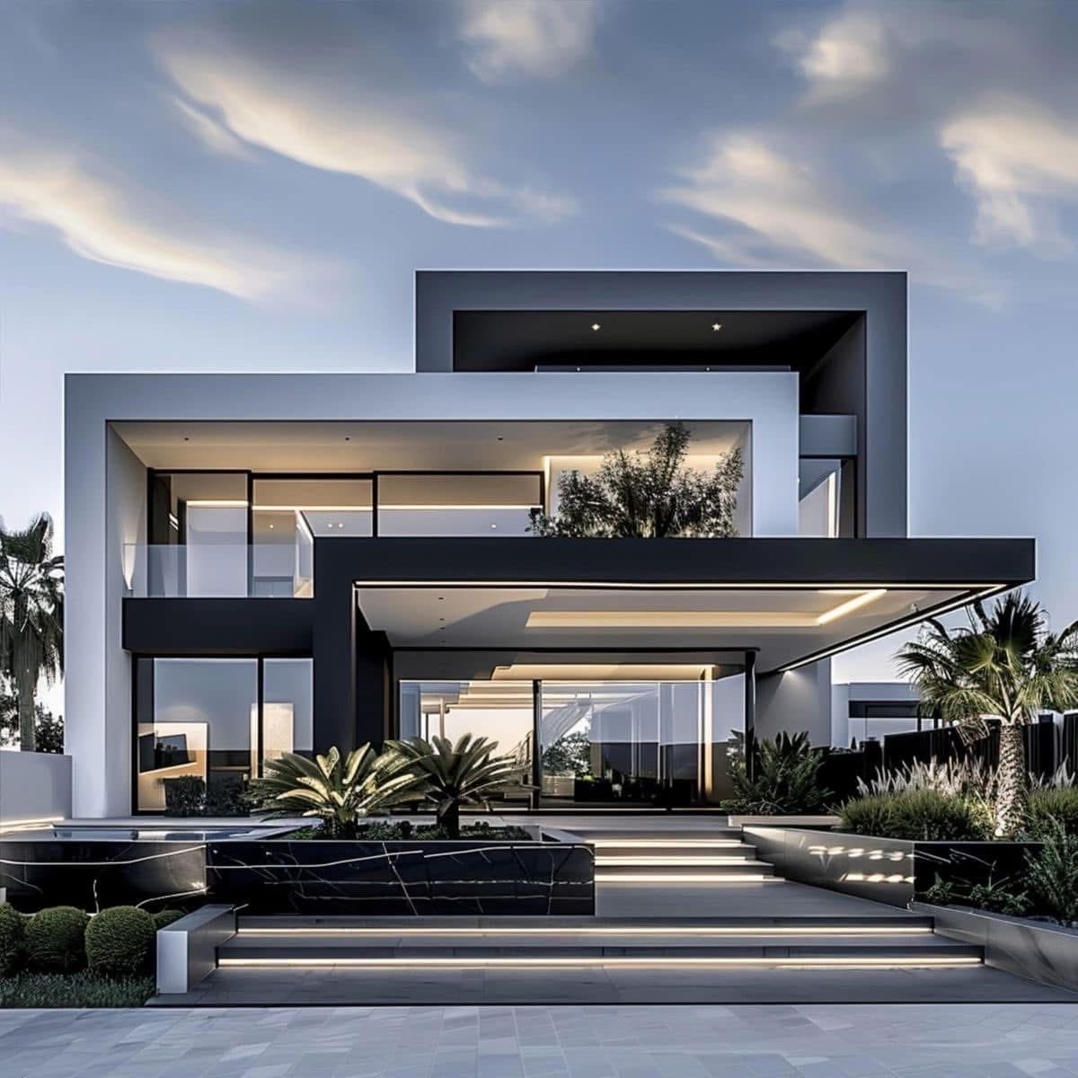 Photorealistic 3D render by Architech Cyprus — modern villa of stacked volumes at dusk