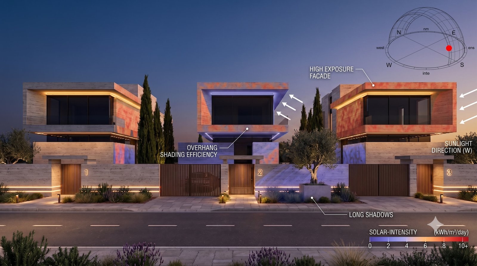 Solar-exposure analysis of the three-villa street showing sun path, facade exposure and shading efficiency